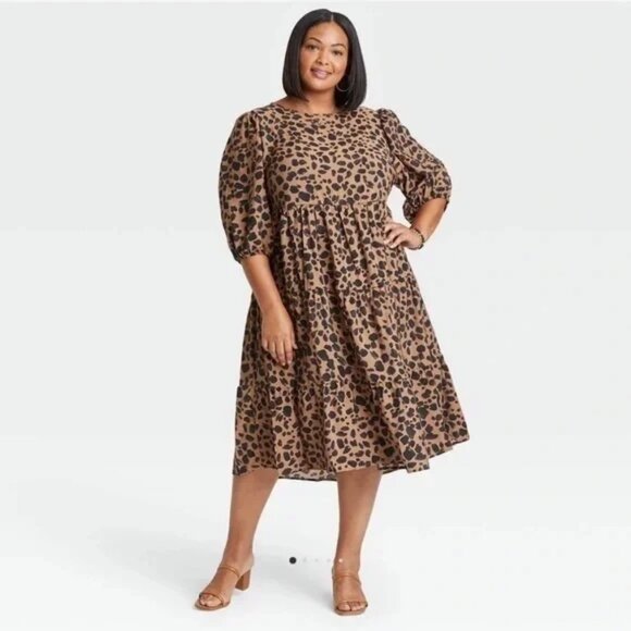 Women's Plus Ava & Viv Leopard Print Midi Tiered Dress 1X - Picture 9 of 9
